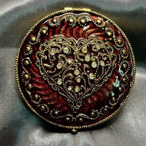 Vintage Monet Guilloché Goldtone Sparkled Red Enamel Heart Double Mirror Compact